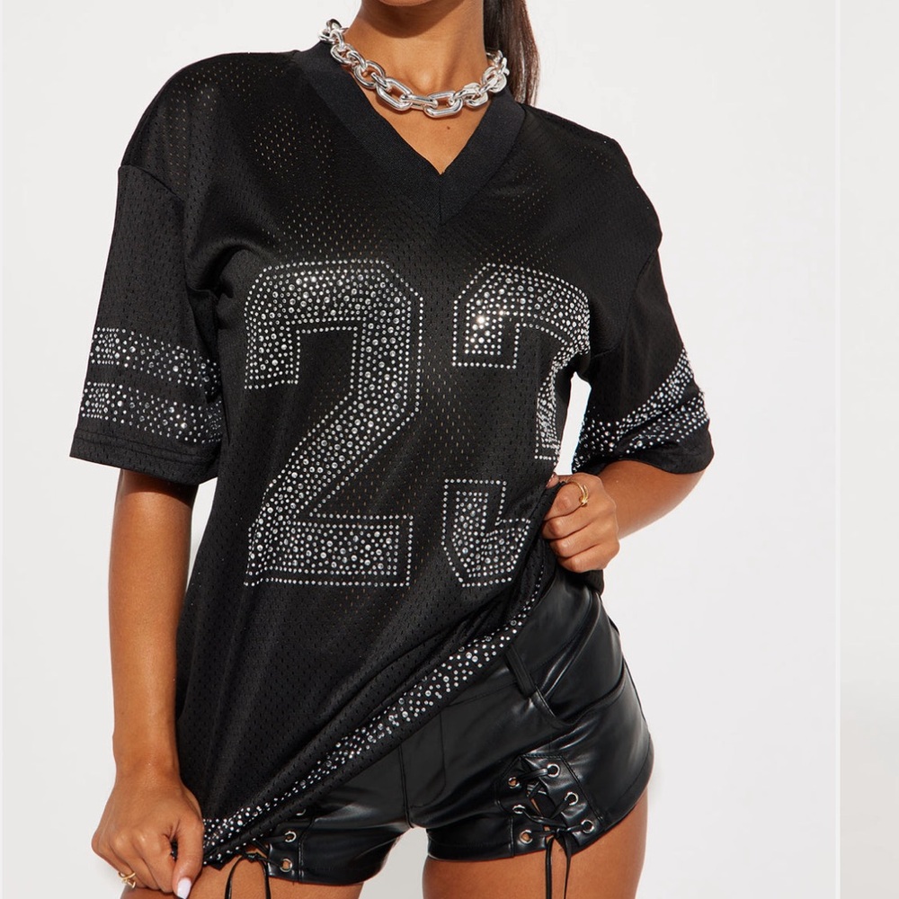NWT fashion nova 23 rhinestone jersey size MED black/silver